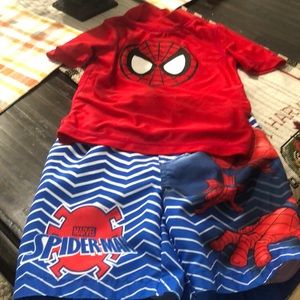 Cute boys swim Spider-Man